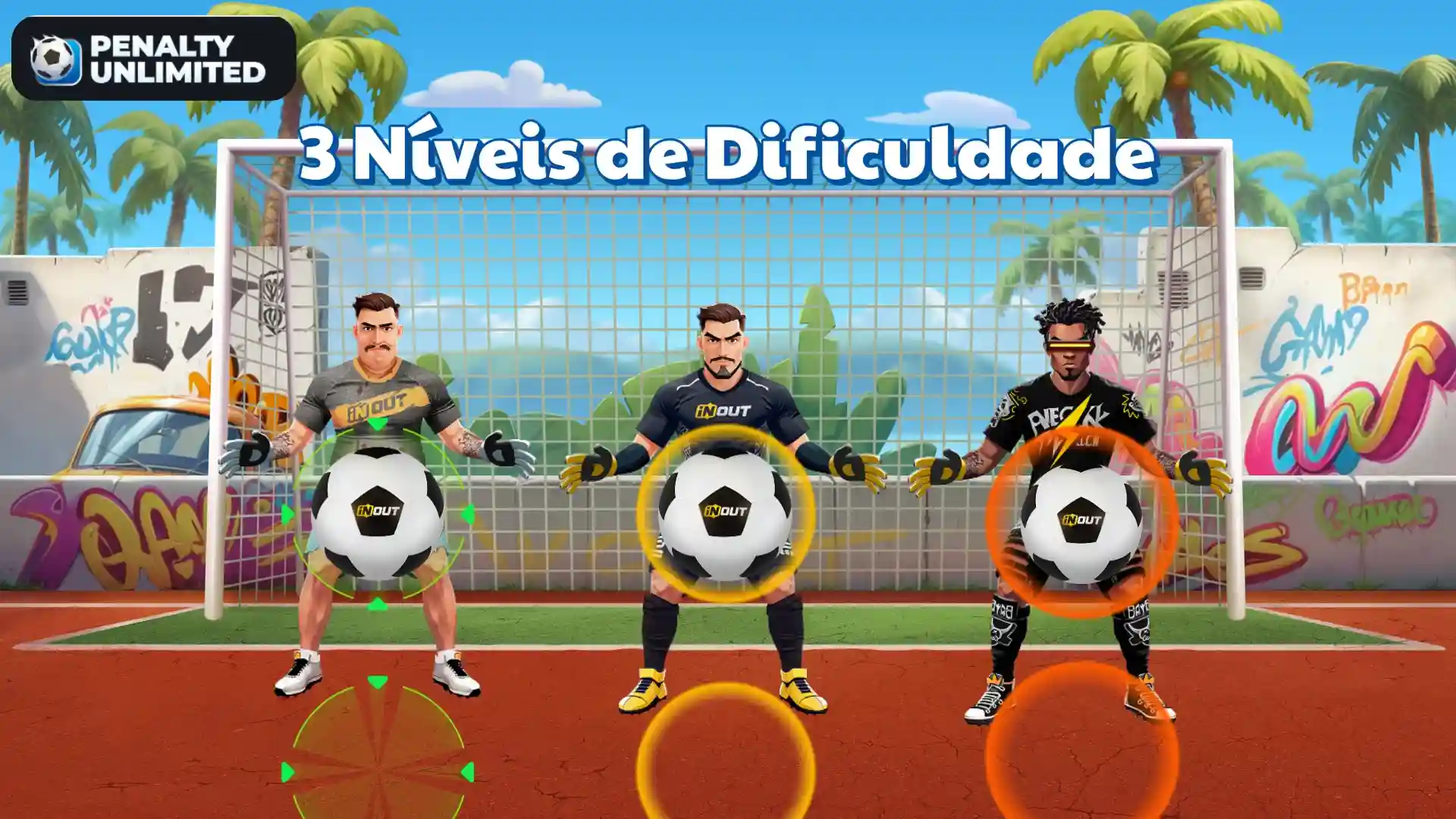 3 níveis de dificuldade em Penalty Unlimited são apresentados com goleiros: Fácil, Médio e Difícil